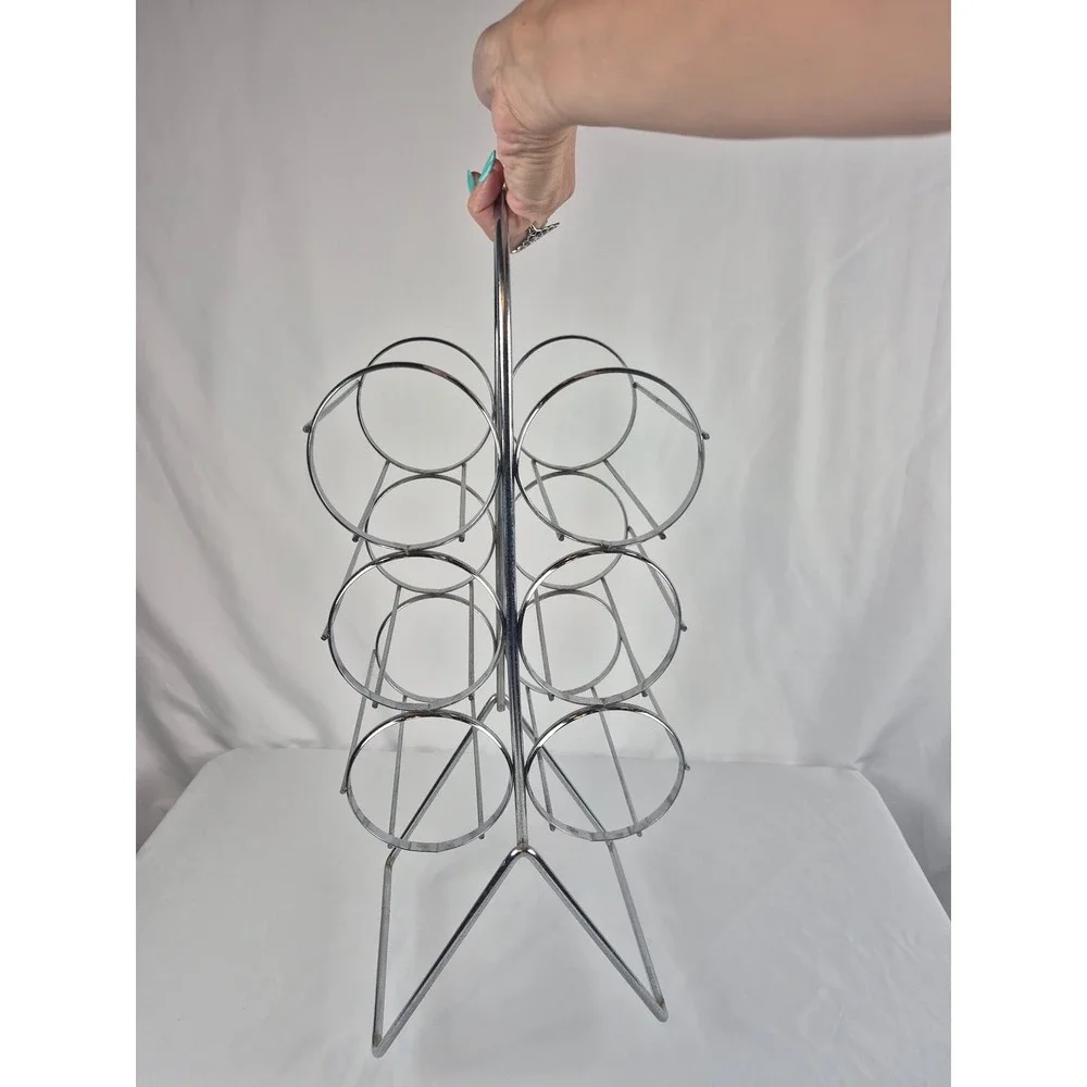 Vintage Chrome Wine Rack 6 Bottle Space Age MCM Freestanding Metal Bar Holder